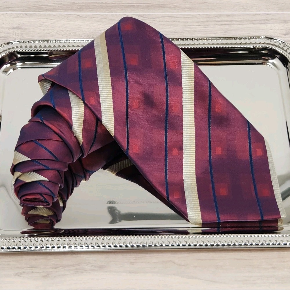 Dona Dona 100% Silk Monochromatic Neck Tie Maroon Blue & Champagne Stripe 59"X3¾